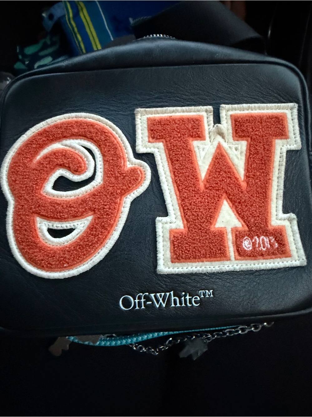Off-White Black Crossbody with Orange Chenille Letter Patches
